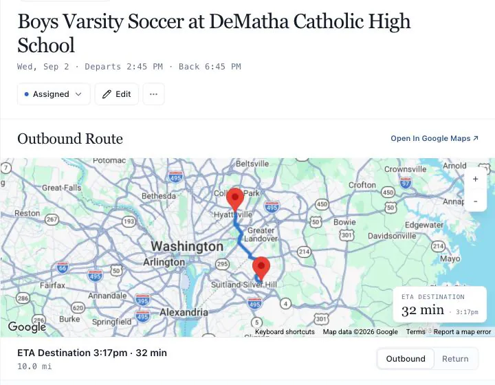 Soccer trip to DeMatha with a mapped route, 32-minute drive, and 3:17 PM arrival